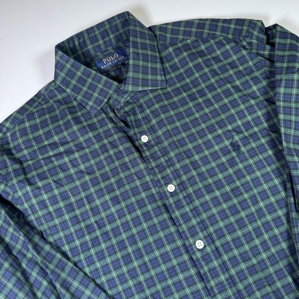 Polo Ralph Lauren Button Down Mens 17 32-33 XL Green Blue Plaid Stretch Office
